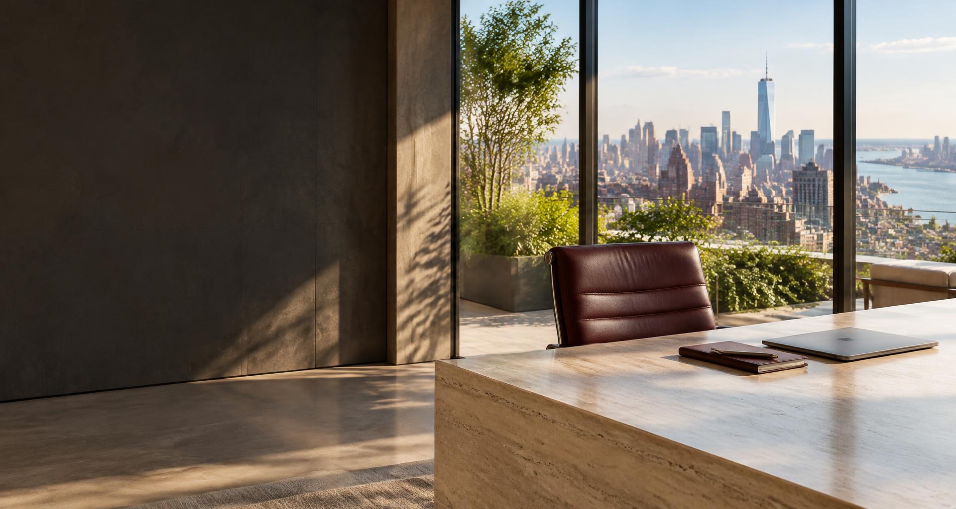 Sunlit advisory office overlooking the city